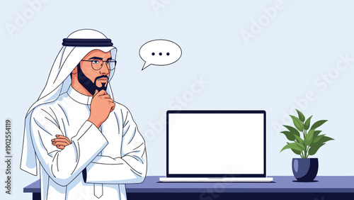 Pensive Arab man in a white thobe looking thoughtfully at a laptop computer with an empty speech bubble for his ideas or questions.