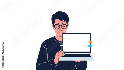 Sad man with glasses crying while holding an open laptop computer with several colorful sticky notes attached to the screen frame.