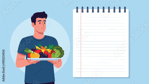 Health conscious man holding a large tray of fresh colorful fruits and vegetables next to a giant blank notepad for healthy recipes.