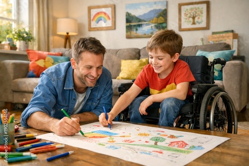 Dad and child in wheelchair drawing together on large sheet of paper in living room. colorful pillows on sofa and daylight create home creativity scene of support and joy
