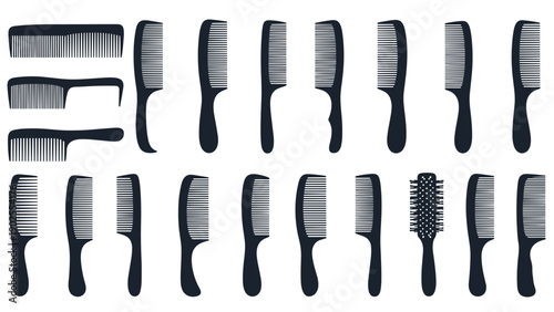Practical collection of various hair combs and brushes in silhouette style for barbering hair styling and grooming services.