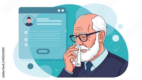 Senior man with a white beard blowing his nose into a tissue while a digital user profile and document icons float in the background.