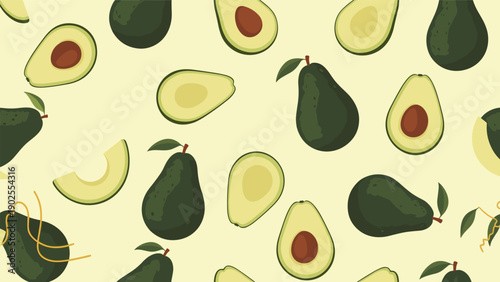Seamless pattern featuring whole and halved avocados with pits on a pale yellow background for food and health themes.