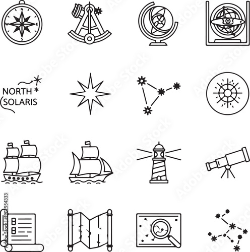 Navigation, Astronomy, and Exploration Outline Icons Set