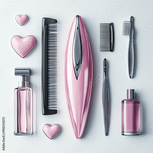 Modern hair styling tools and accessories arranged neatly, beauty equipment isolated on white background