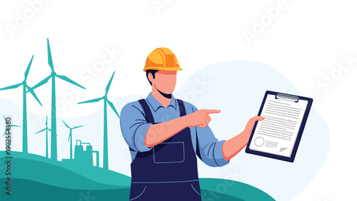 Male engineer in a hard hat and overalls pointing to a document on a clipboard with sustainable wind turbines in the background.