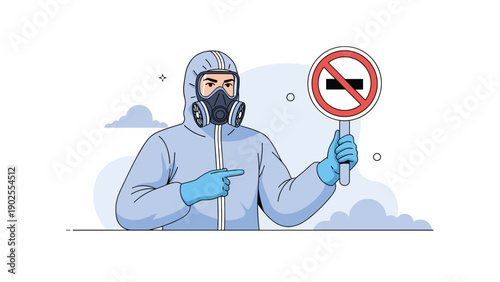 Worker in a light blue hazmat suit and gas mask holding a round no entry sign and pointing his finger to warn about a danger zone.