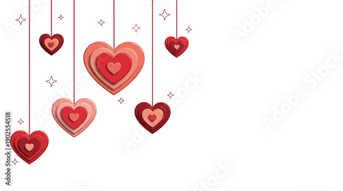 Red hearts hanging from strings with small stars around them on white background