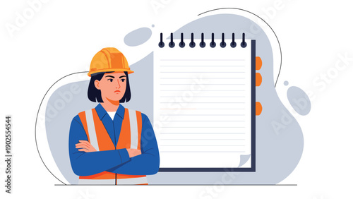 Serious female construction worker in a hard hat and safety vest standing next to a large blank spiral notebook for project tasks.