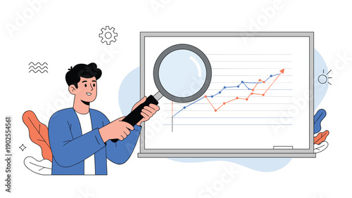 Happy man examining a growth chart on a whiteboard through a large magnifying glass to see more details about business success.