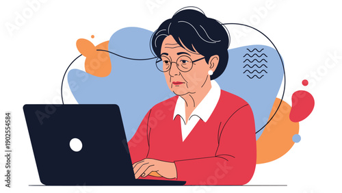 Focused senior woman with glasses and dark hair working on her laptop against a creative colorful background with abstract shapes.