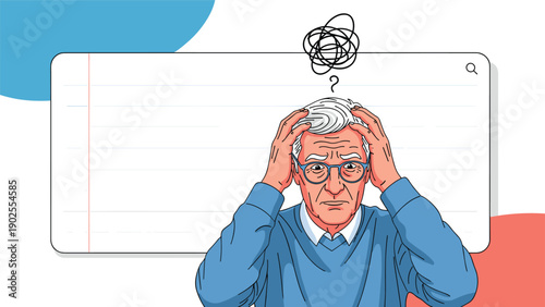 Stressed senior man in glasses holding his head in frustration in front of a large blank search bar or window on a white background.