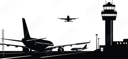 Silhouette of commercial airplanes taking off and landing at international airport runway with air traffic control tower, aviation travel, transportation, and modern flight operations concept