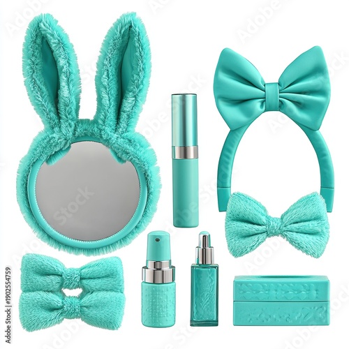 Cute mint bunny headband with beauty accessories, skincare and makeup tools isolated on white background
