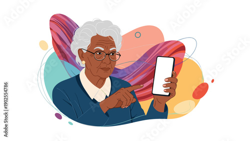Senior woman with grey hair and glasses uses a smartphone while standing in front of a colorful abstract background with shapes.