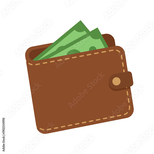 Brown leather wallet with green bills sticking out  financial concept