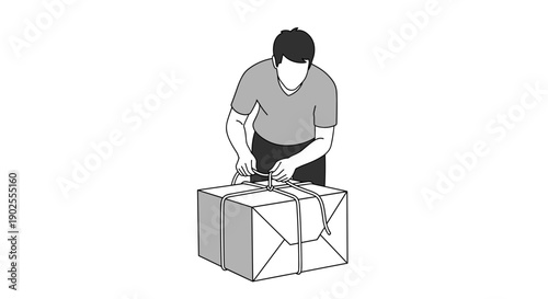 Man tying package with ropes while standing on white background  