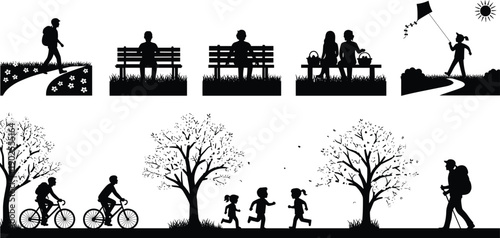 Black silhouettes of family hiking with dog, children at campfire roasting marshmallows, and people enjoying park activities on white background - flavector