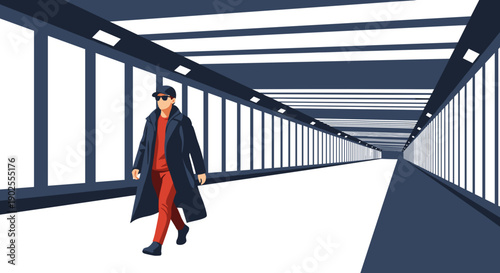 Man walking in stylish coat through modern corridor with bright lights  