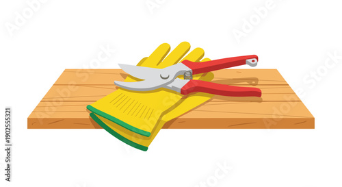 Gardening gloves and pruning shears on wooden table  