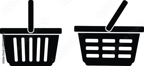 Shopping basket icons set with solid black silhouettes, retail cart containers for stores, ecommerce, grocery, and purchase concepts