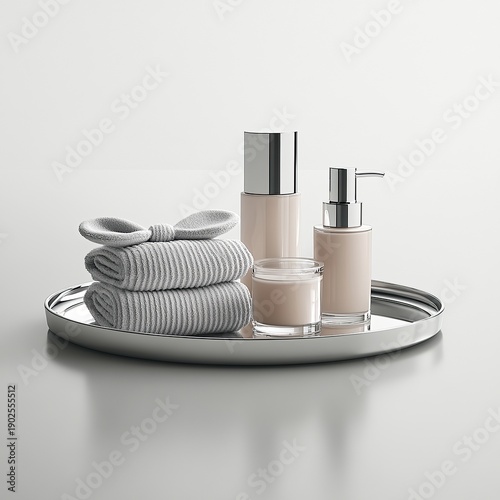 Modern skincare bottles and jars arranged on tray, minimal beauty concept isolated on white background