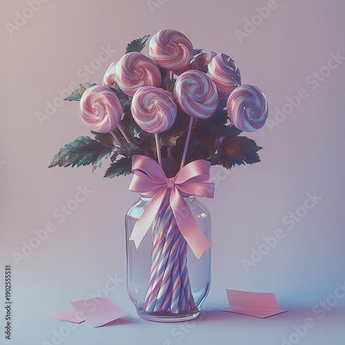 Beautiful pink rose bouquet with ribbon in glass vase, romantic floral decor isolated on white background