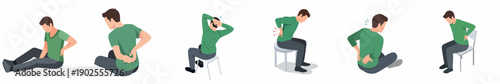 Modern Flat Illustration Set of a Male Character Suffering From Lower Back Pain While Sitting and Stretching Health Condition Awareness Concept