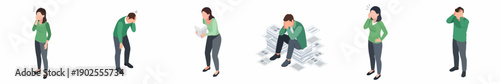 Isometric Stressed Business People Overwhelmed with Workload and Negative Emotions Illustration