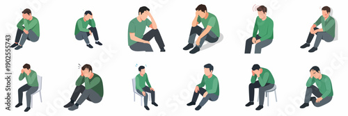 Isometric Man Sitting Sadness and Frustration Flat Design Illustration