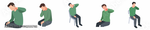 Flat Illustration of Man Sitting Stretching Neck Exercise in Various Positions