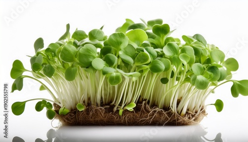 Fresh Green Radish Microgreens Growing In A Cluster On A White Background