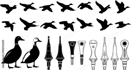 Duck hunting silhouette set with flying mallard flock standing birds and various duck call whistles vector illustration collection