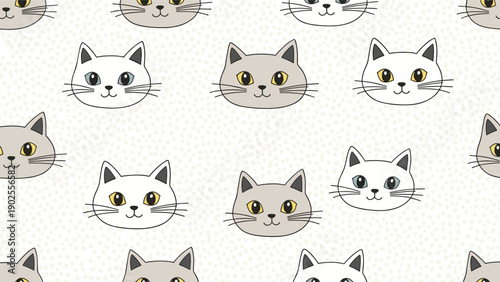 Adorable seamless pattern of different cat faces with various colors and eye styles on a dotted background for pet lovers.