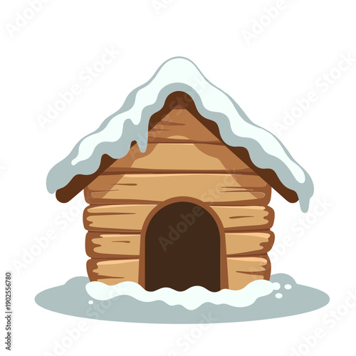 A snowy wooden doghouse with snow-covered roof in cozy cartoon style. Concept of pet shelter in winter season - outdoor kennel - cold weather