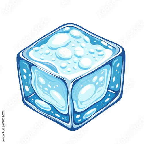 A stylized ice cube with bubbles inside in bright cartoon style. Concept of frozen object and cold beverage element - ice - chill factor