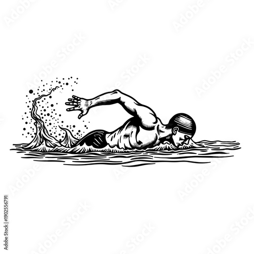 A muscular male swimmer doing front crawl stroke in handwritten graphic style on white background. Concept of water sports and summer fitness activity - swimming - endurance - competition