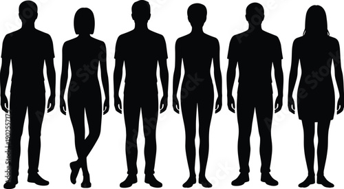 A row of six anonymous standing in a neutral pose black vector on white background.