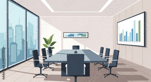Empty Modern Conference Room with City Skyline View and Presentation Screen Vector Illustration