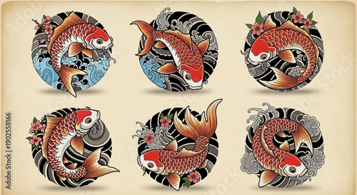 Vibrant koi fish swimming in waves with cherry blossoms
