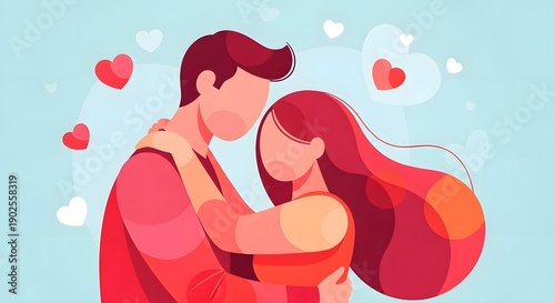 Couple embracing with hearts in a colorful, romantic illustration  