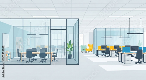 Modern Office Interior with Empty Glass Meeting Rooms and Open Plan Workspace Illustration