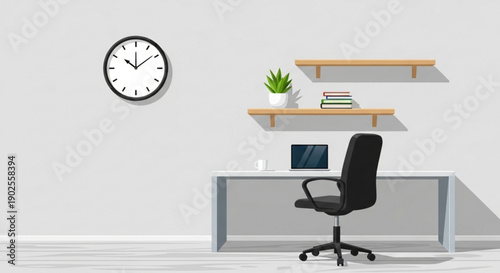 Modern Office Desk with Empty Chair and Laptop in Minimalist Home Office Flat Design Illustration