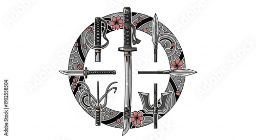 Vibrant samurai sword surrounded by cherry blossoms and weapons