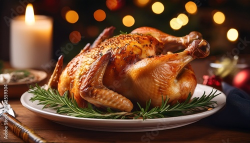 A Roasted Chicken On A Plate With Rosemary A Lit Candle In The Background And A Warm Appetizing Appearance