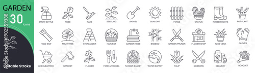 Garden related line icons set. Bundle of green sprout, watering can, seedling, shovel, gloves, pot plant, harvest, supply and other. Editable stroke.