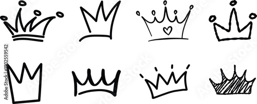 Title
Hand-Drawn style Black Crown Icon Set. Minimalist Sketched King and Queen Tiara Doodles for Royal Branding and Luxury Logo Designs Isolated on White background.