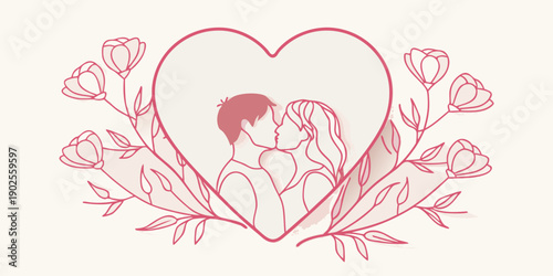A romantic illustration depicting a couple kissing within a heart shaped floral frame