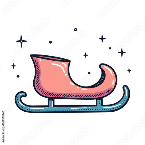 Futuristic cartoon-style sled with sparkles and sleek pink-blue body floating above snow in stylized illustration - concept of magic and play - fantasy element - winter fairy tale design