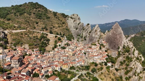 Wallpaper Mural Aerial Drone View of Castelmezzano Village Nestled Among Rocky Peaks in the Dolomiti Lucane, Basilicata, Italy Torontodigital.ca